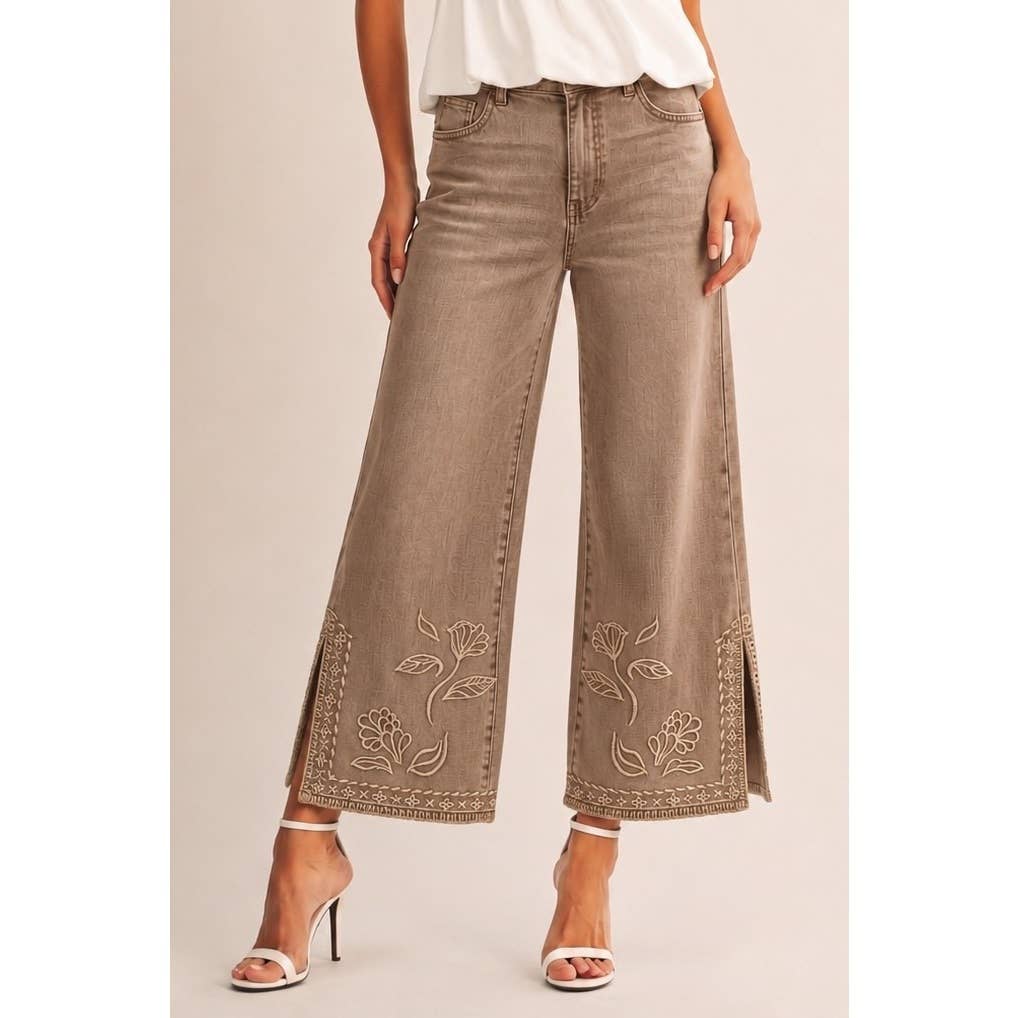 Vintage Botanical Embroidered Wide Leg Pants: LIGHT DENIM / S/M/L/XL (2-2-2-1)