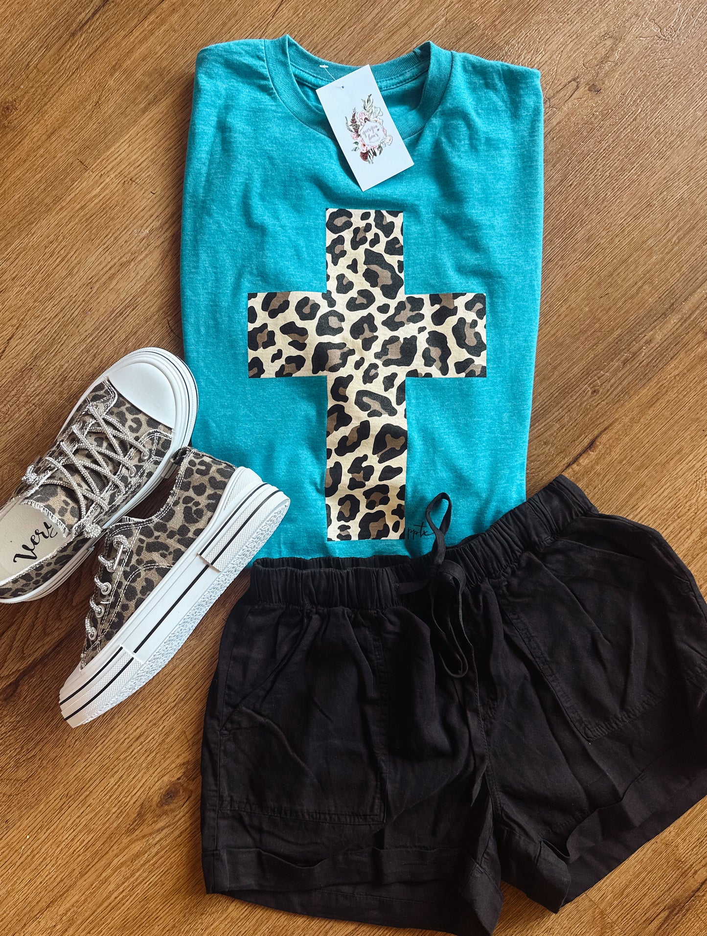 Teal Cheetah Cross Tee