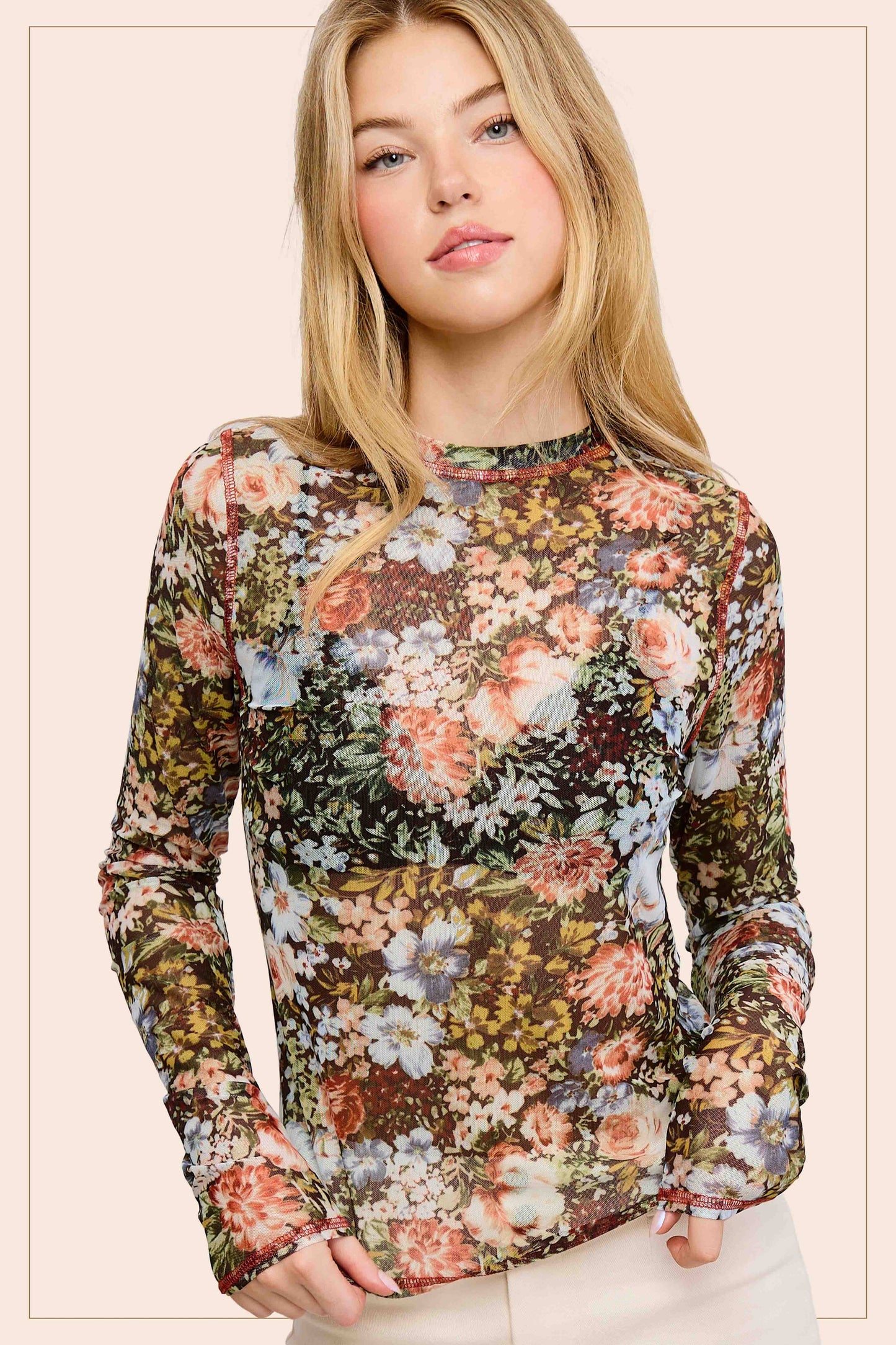 Hazelnut Crew Neck Long Sleeve Mesh Layering Top