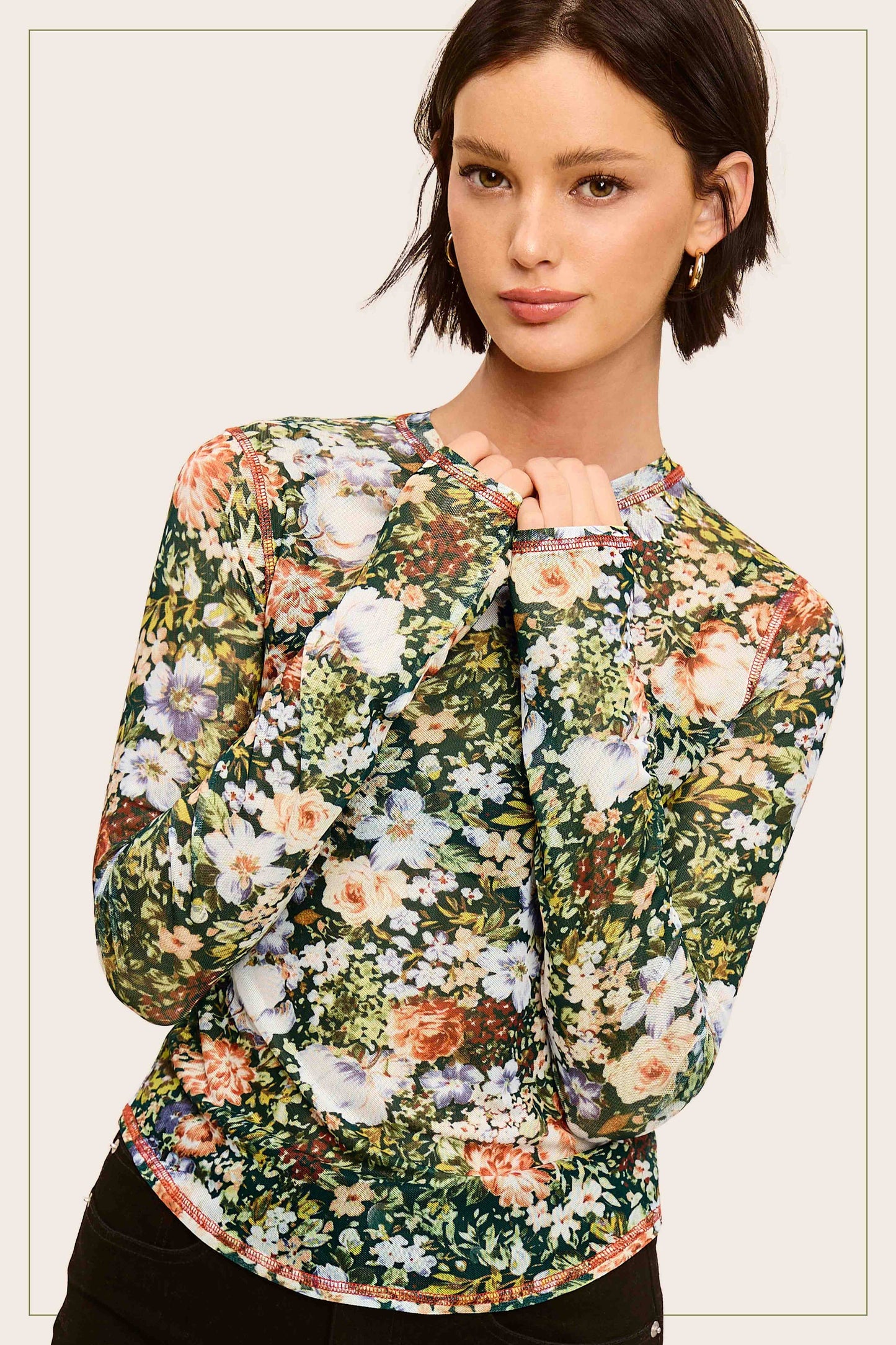 Hazelnut Crew Neck Long Sleeve Mesh Layering Top