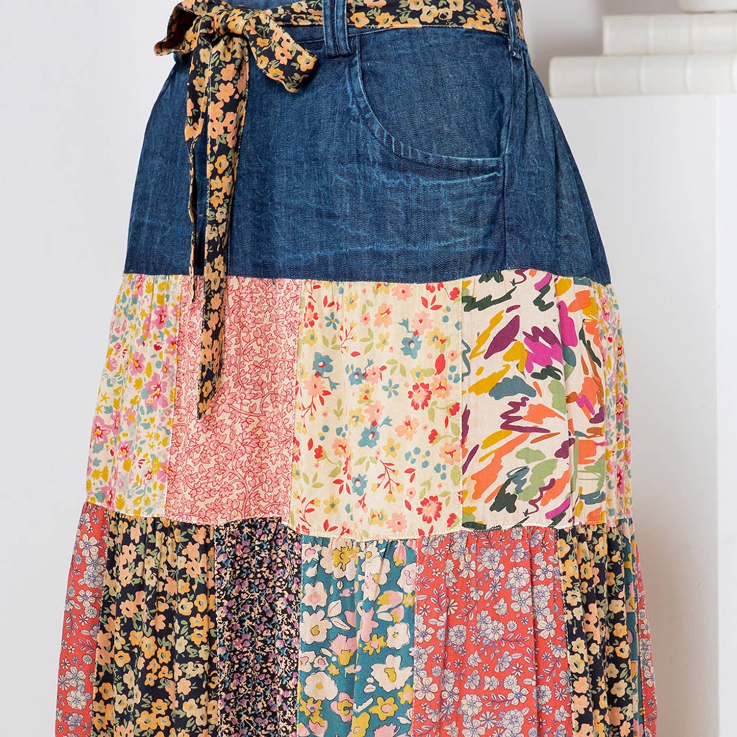 Patchwork Serenade Overdyed Long Skirt With Tiered Denim