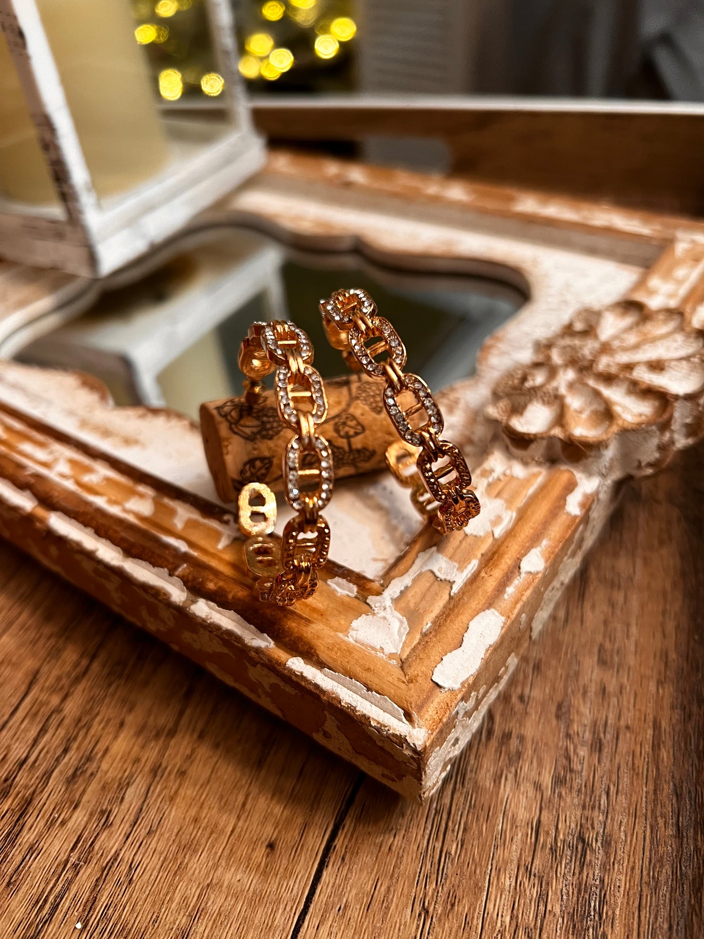 Rhinestone Chain Hoop Earrings - Gold