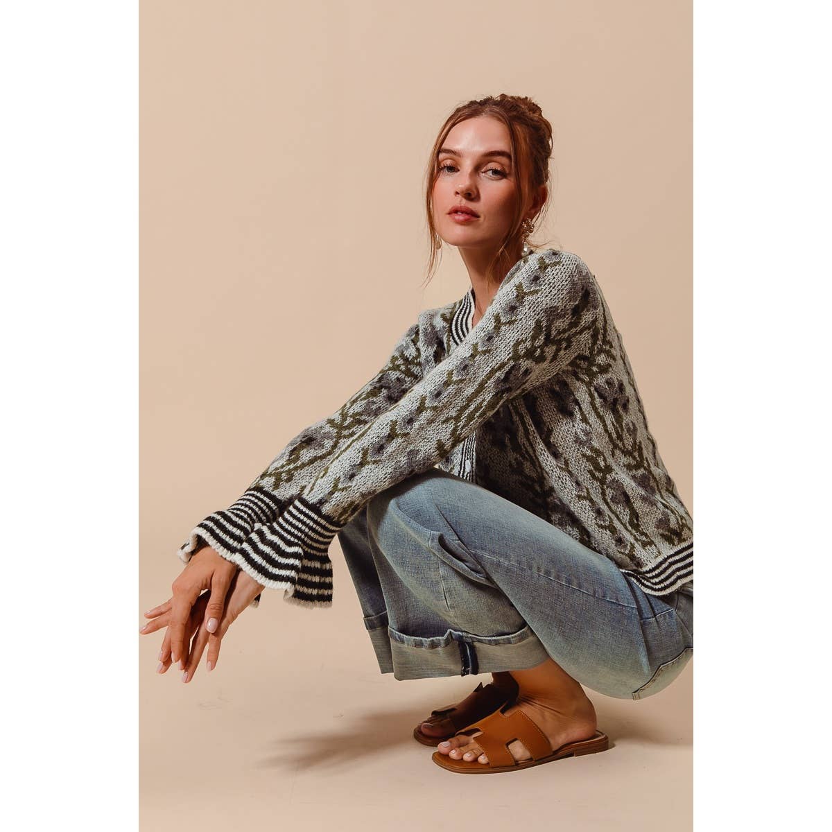 FLORAL INTARSIA BUTTON UP SWEATER CARDIGAN: LT BLUE / M