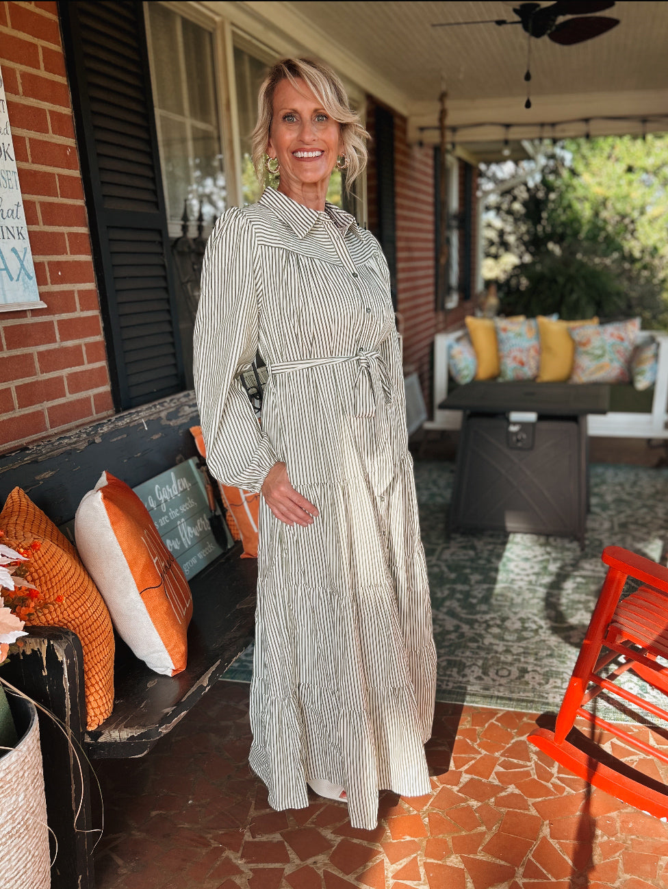 Striped Multi-Tiered Button Down Dress - Olive