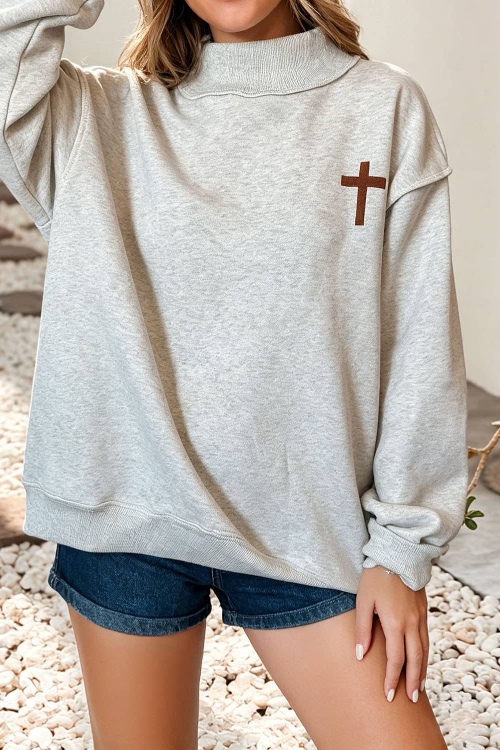 NEW Reversible JESUS SAVES Oversized Mock Neck Sweatshirt : Light Grey / M