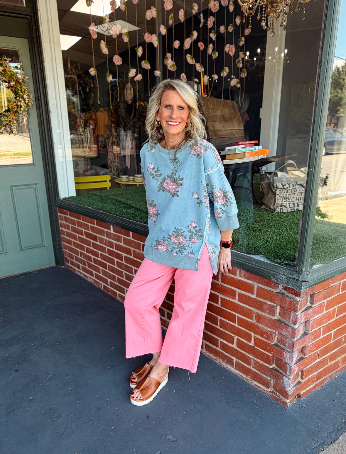 Floral Denim Open Seam Top