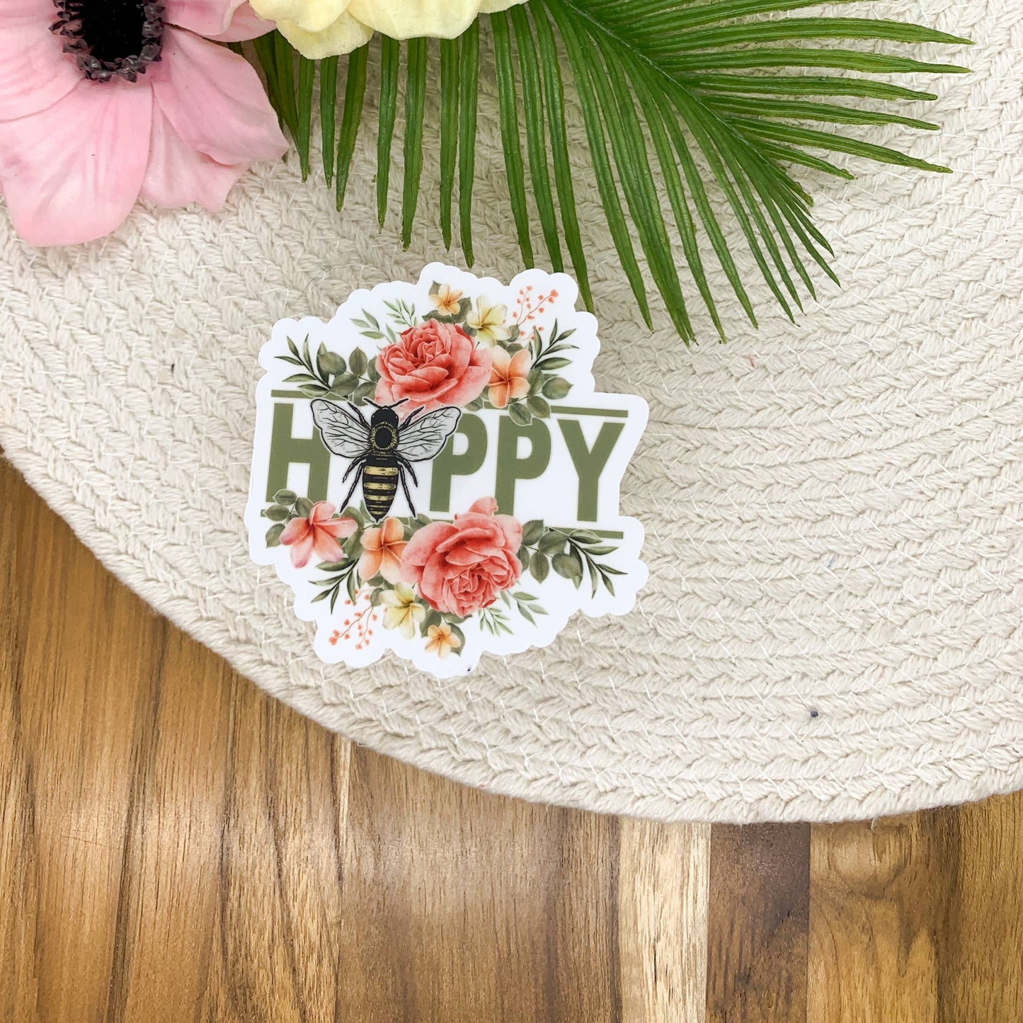 Bee Happy Floral Clear Vinyl Sticker