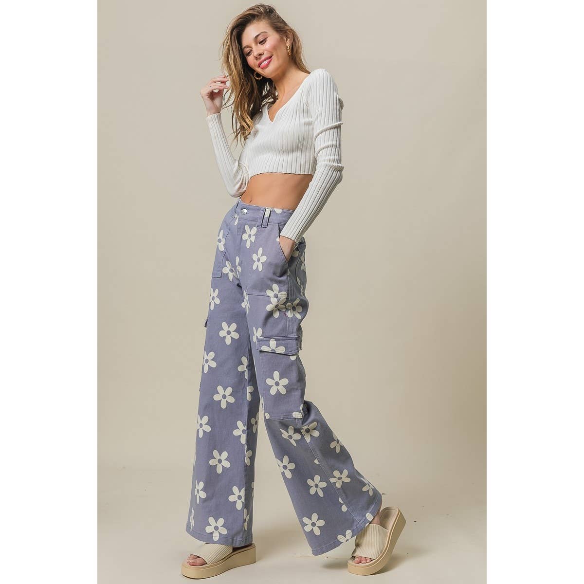 Dusty Lavender Floral Wide Leg Cargo Pants