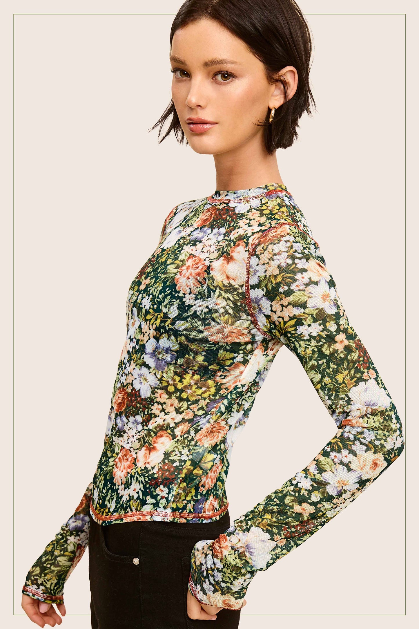 Hazelnut Crew Neck Long Sleeve Mesh Layering Top