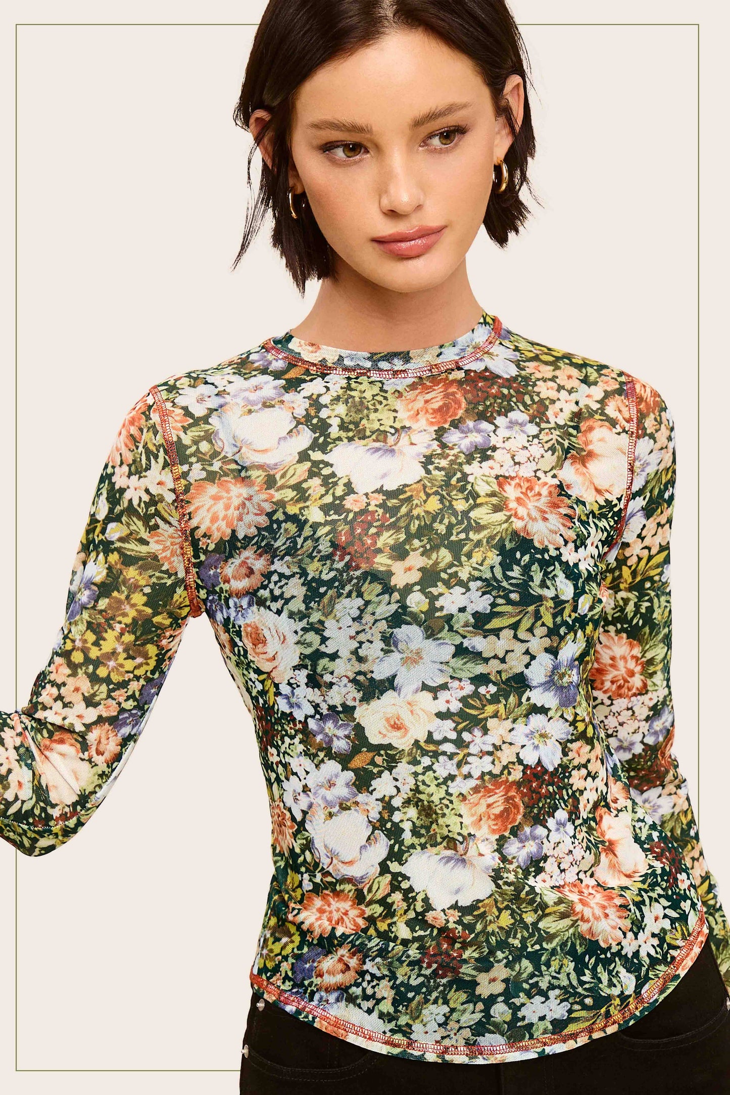 Hazelnut Crew Neck Long Sleeve Mesh Layering Top