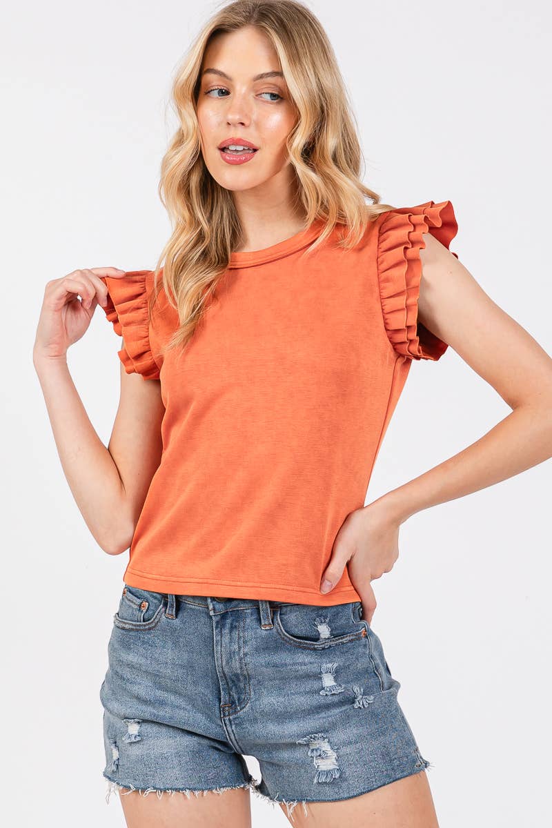 Apricot Mineral Washed Ruffle Sleeve Blouse