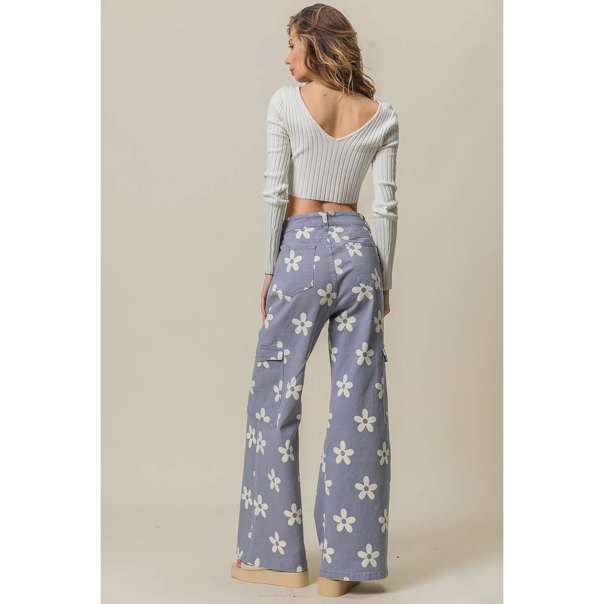 Dusty Lavender Floral Wide Leg Cargo Pants