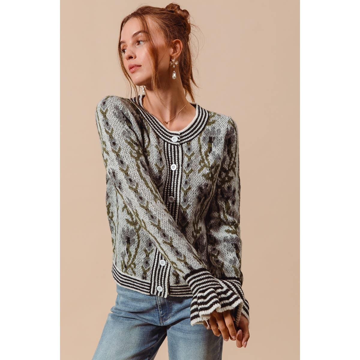 FLORAL INTARSIA BUTTON UP SWEATER CARDIGAN: LT BLUE / M