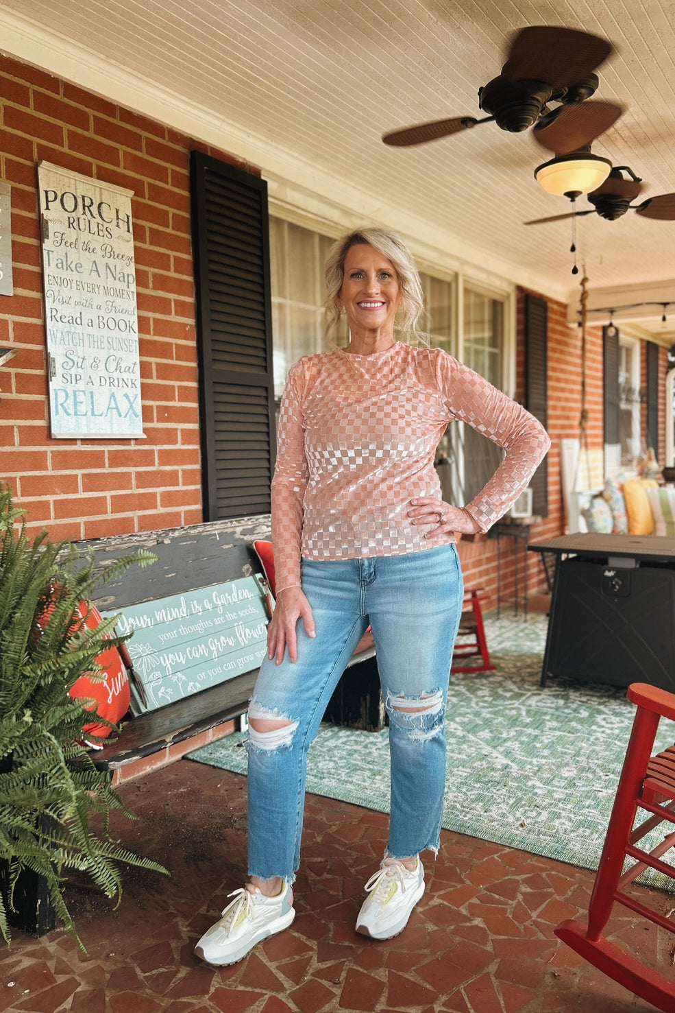 Pink Velvet Checkered Mesh Top