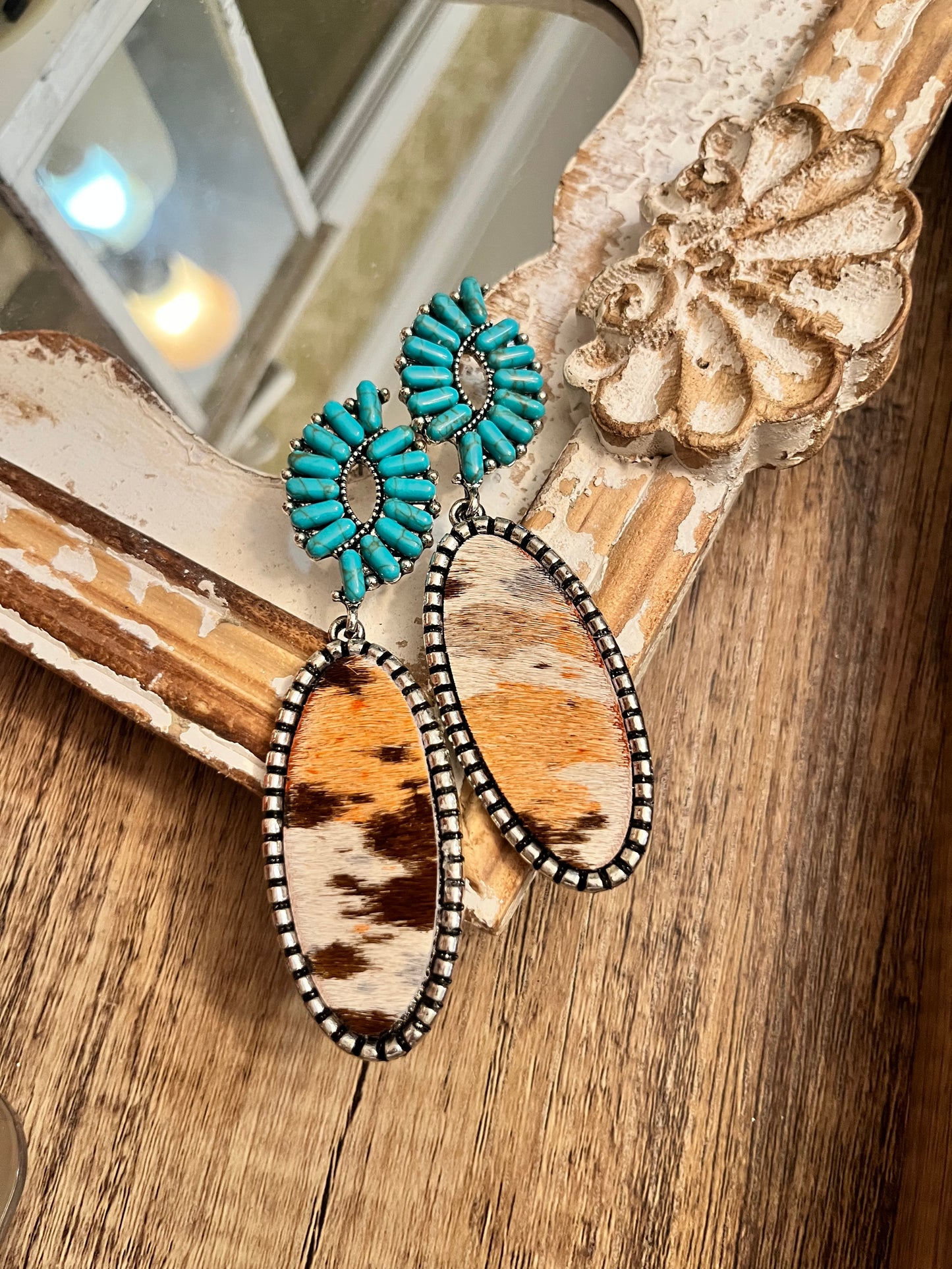 Turquoise & Pink Cowhide Earrings