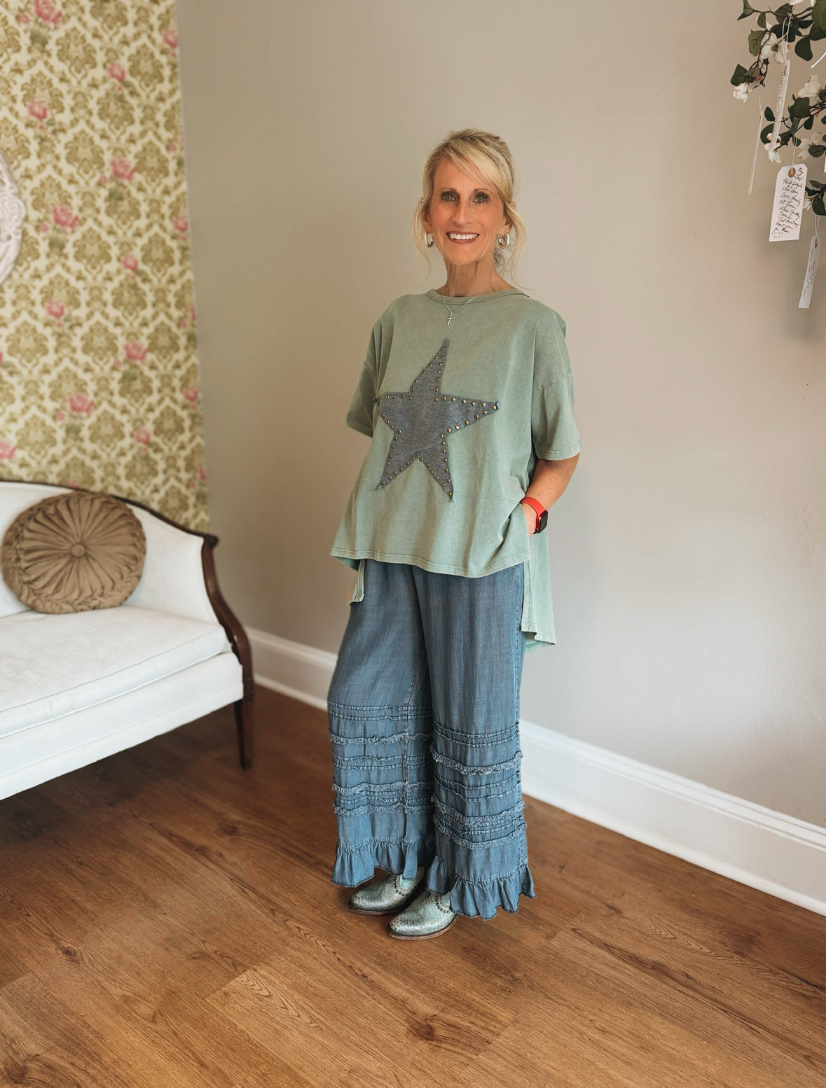Washed Sage Denim Star Top