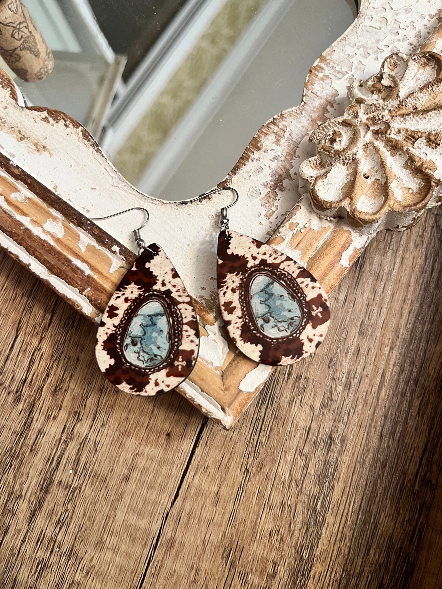 Turquoise Cowhide Teardrop Earrings