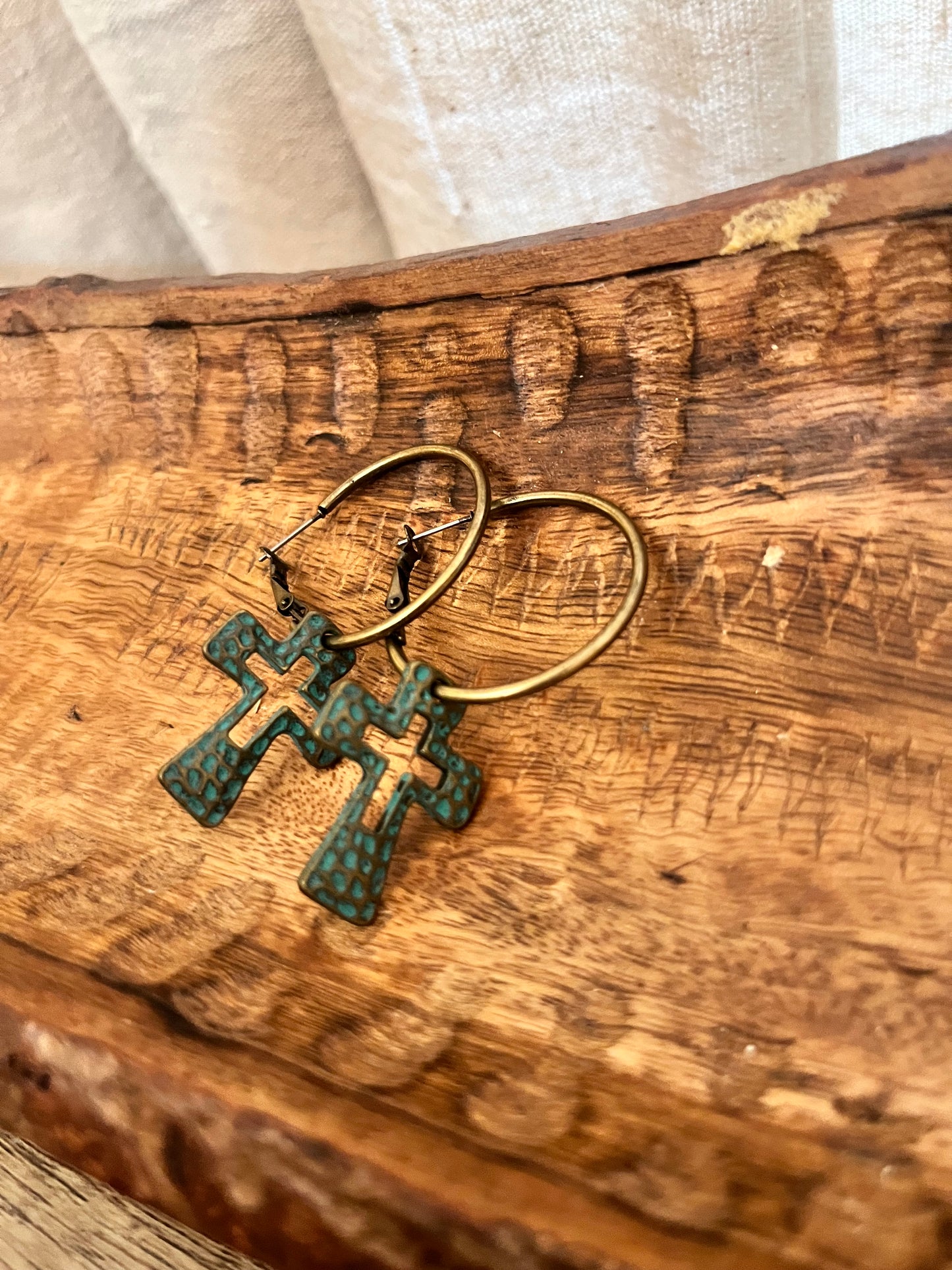 Tarnished Copper Cross Hoop Earring
