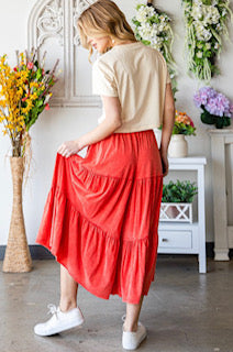 Tomato Red Mineral Washed Tiered Pants