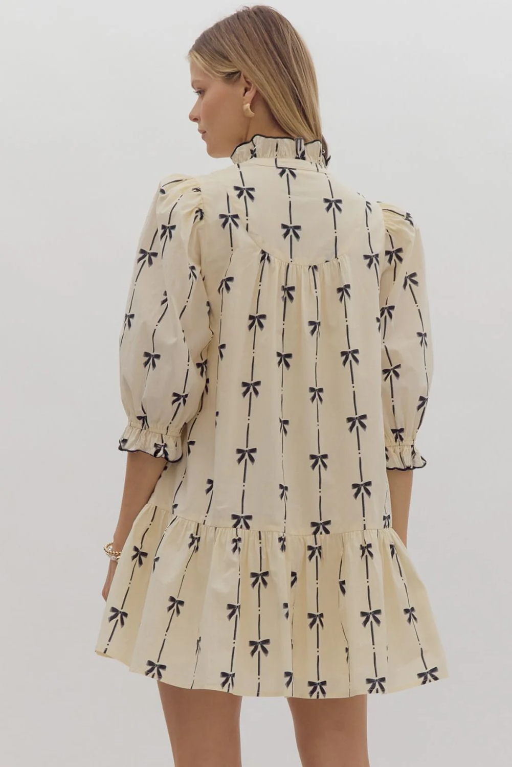 Beige Bow Bubble Sleeve Mini Dress
