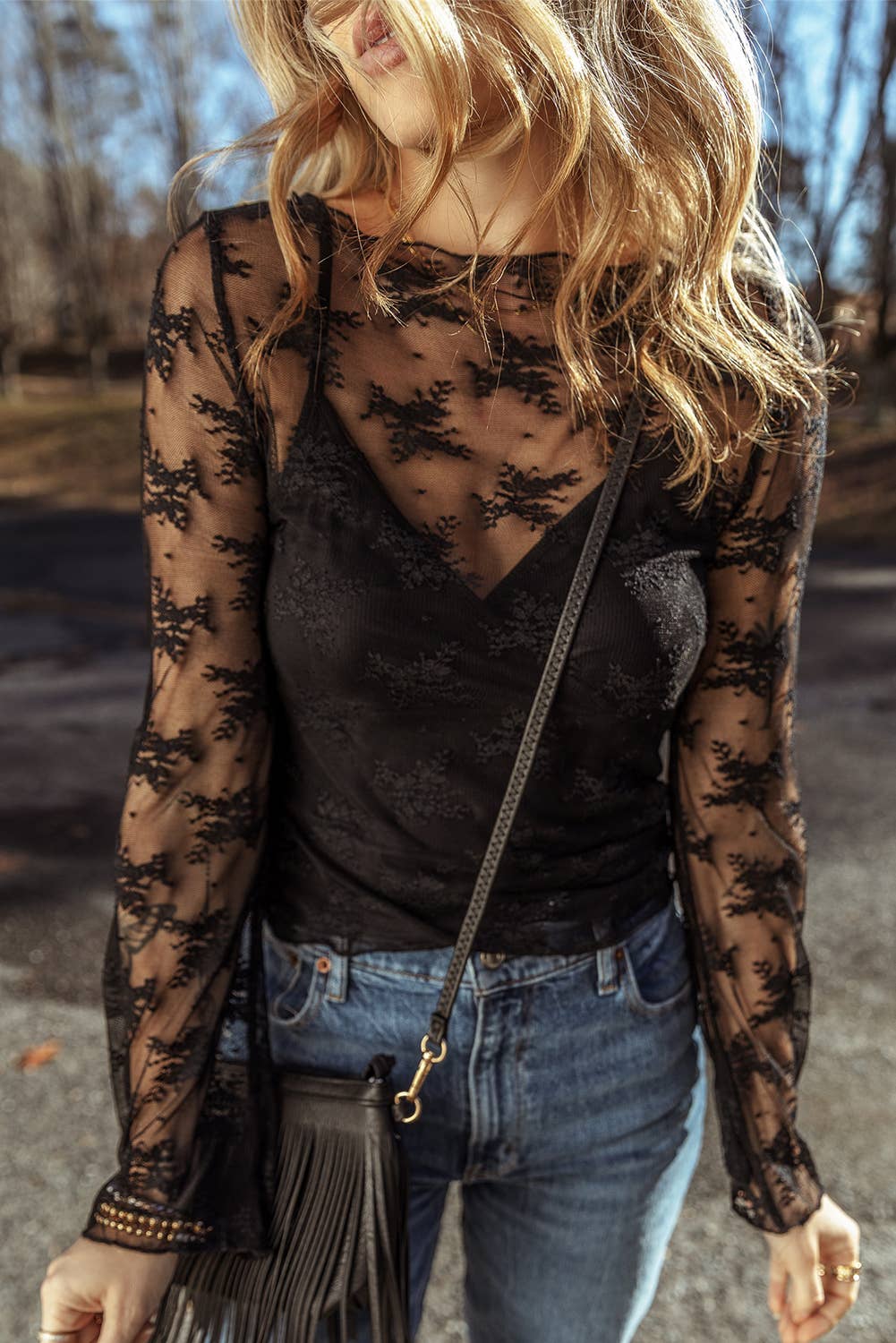 LDC Lace Mesh Crochet Splicing Slim Fit Long Sleeve Blouse: Black / XL