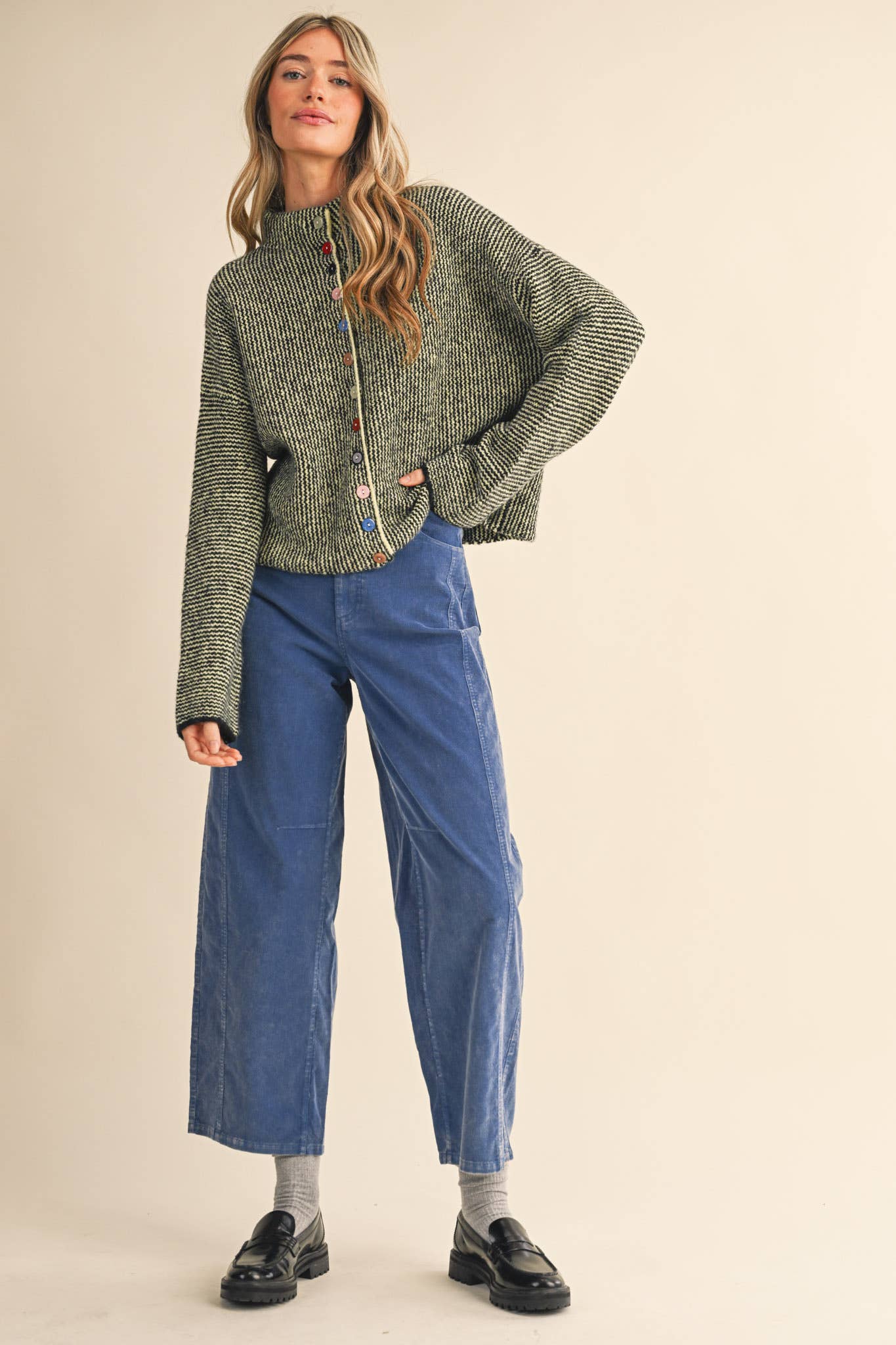 Green Striped Knit Cardigan