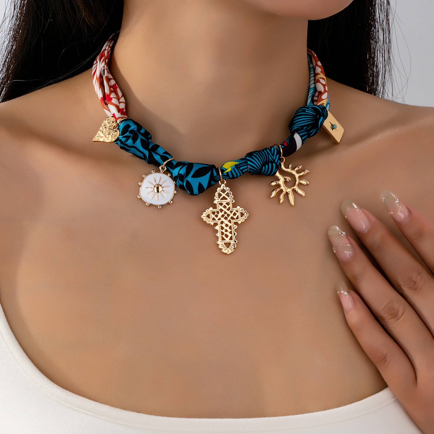 Mixed Print Scarf Charm Necklace