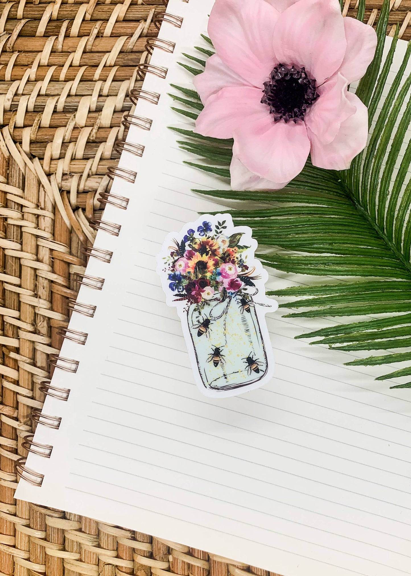 Floral Bee Mason Jar Clear Vinyl Sticker