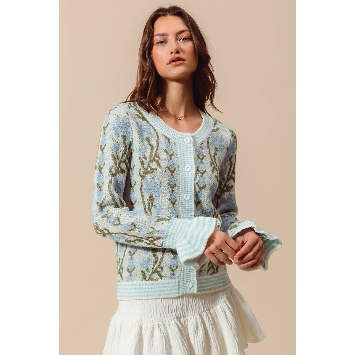 FLORAL INTARSIA BUTTON UP SWEATER CARDIGAN: LT BLUE / M