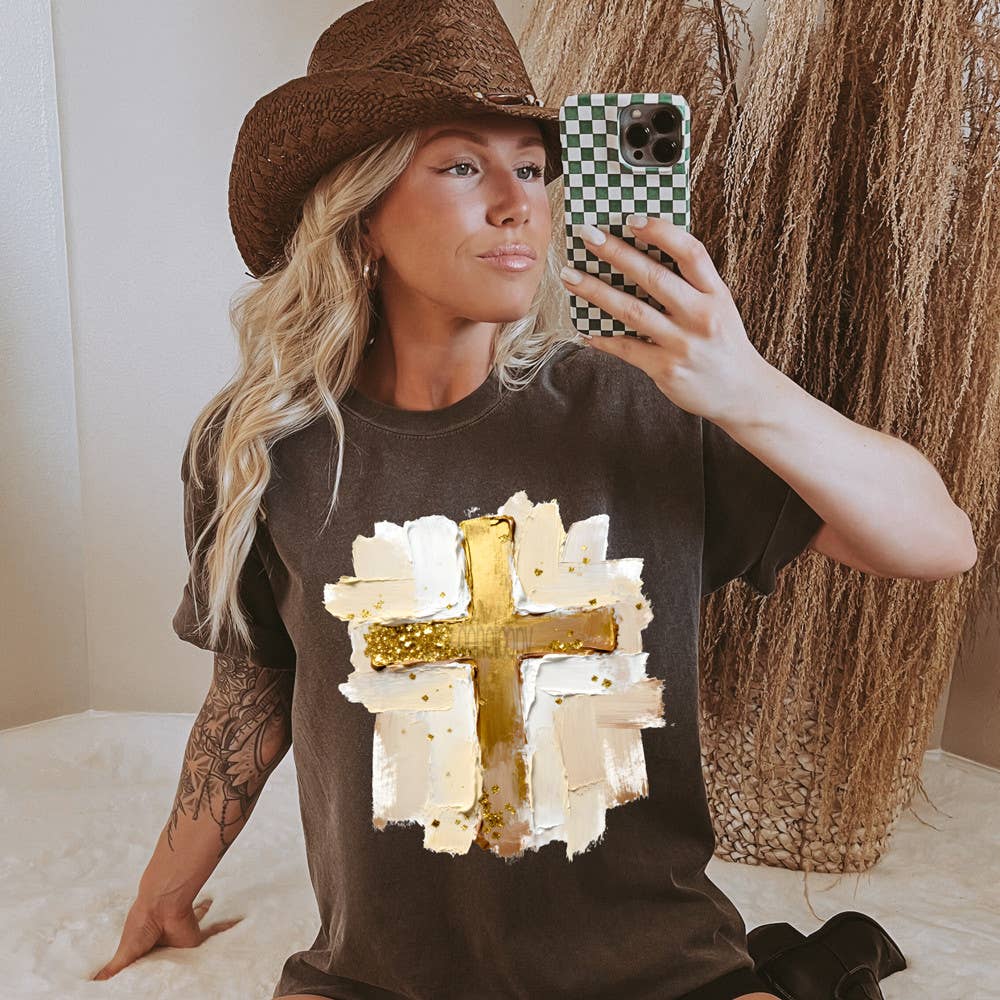 Faux Painted Gold Cross Tee