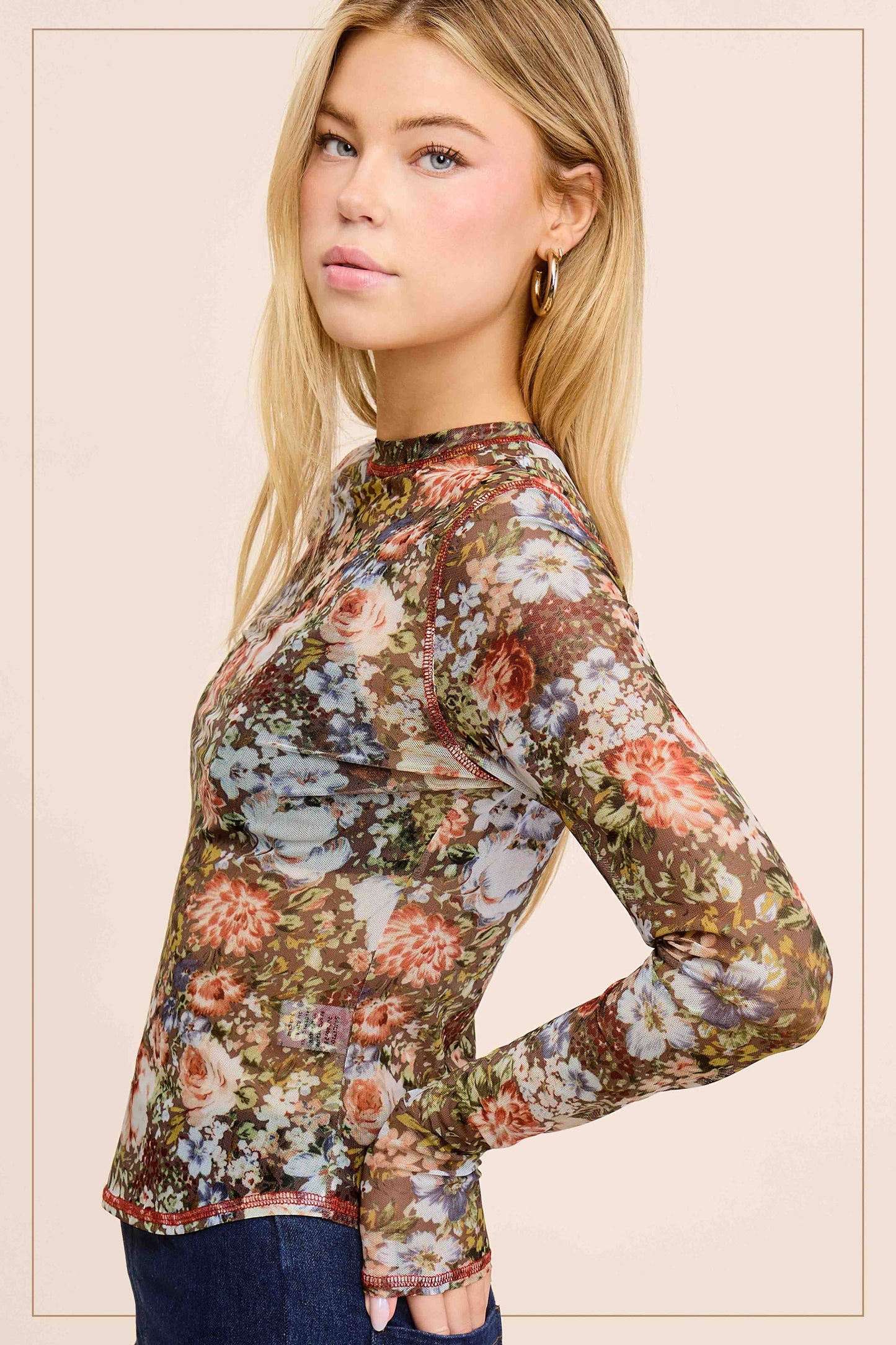 Hazelnut Crew Neck Long Sleeve Mesh Layering Top