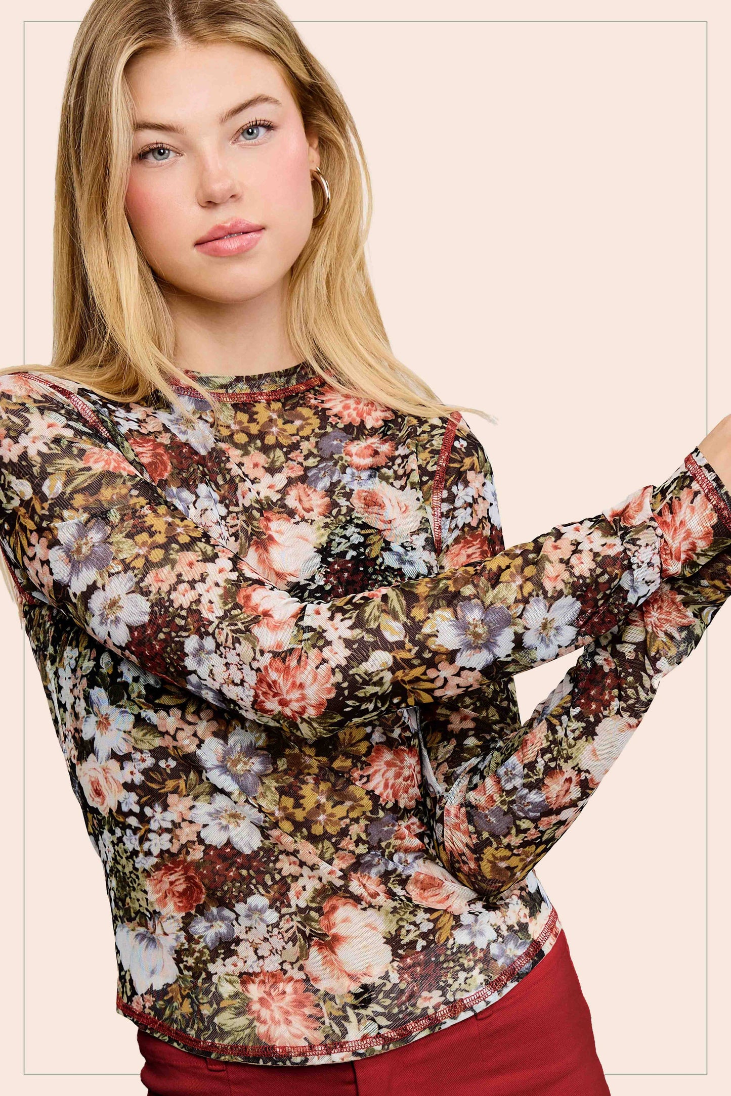Hazelnut Crew Neck Long Sleeve Mesh Layering Top