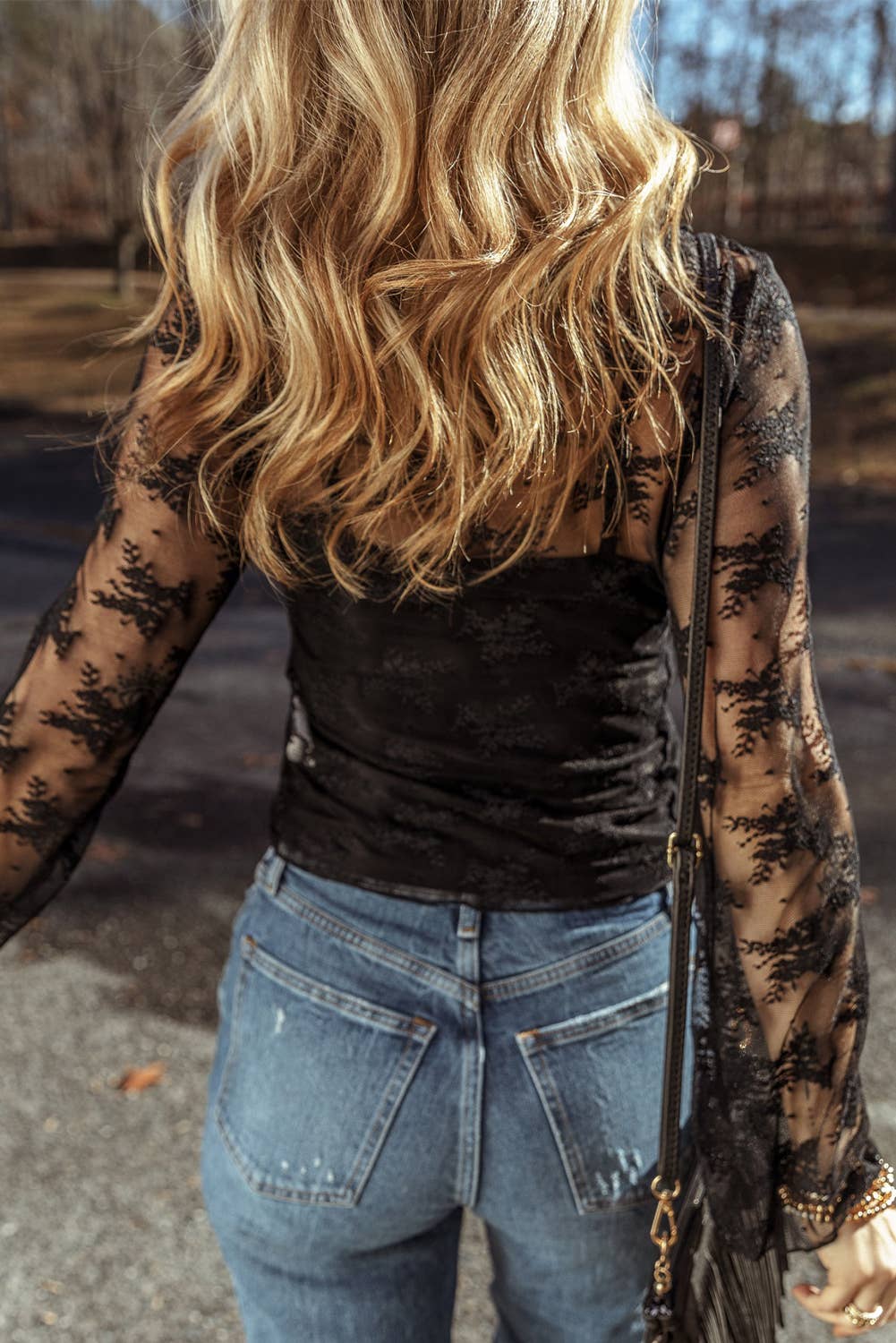 LDC Lace Mesh Crochet Splicing Slim Fit Long Sleeve Blouse: Black / XL