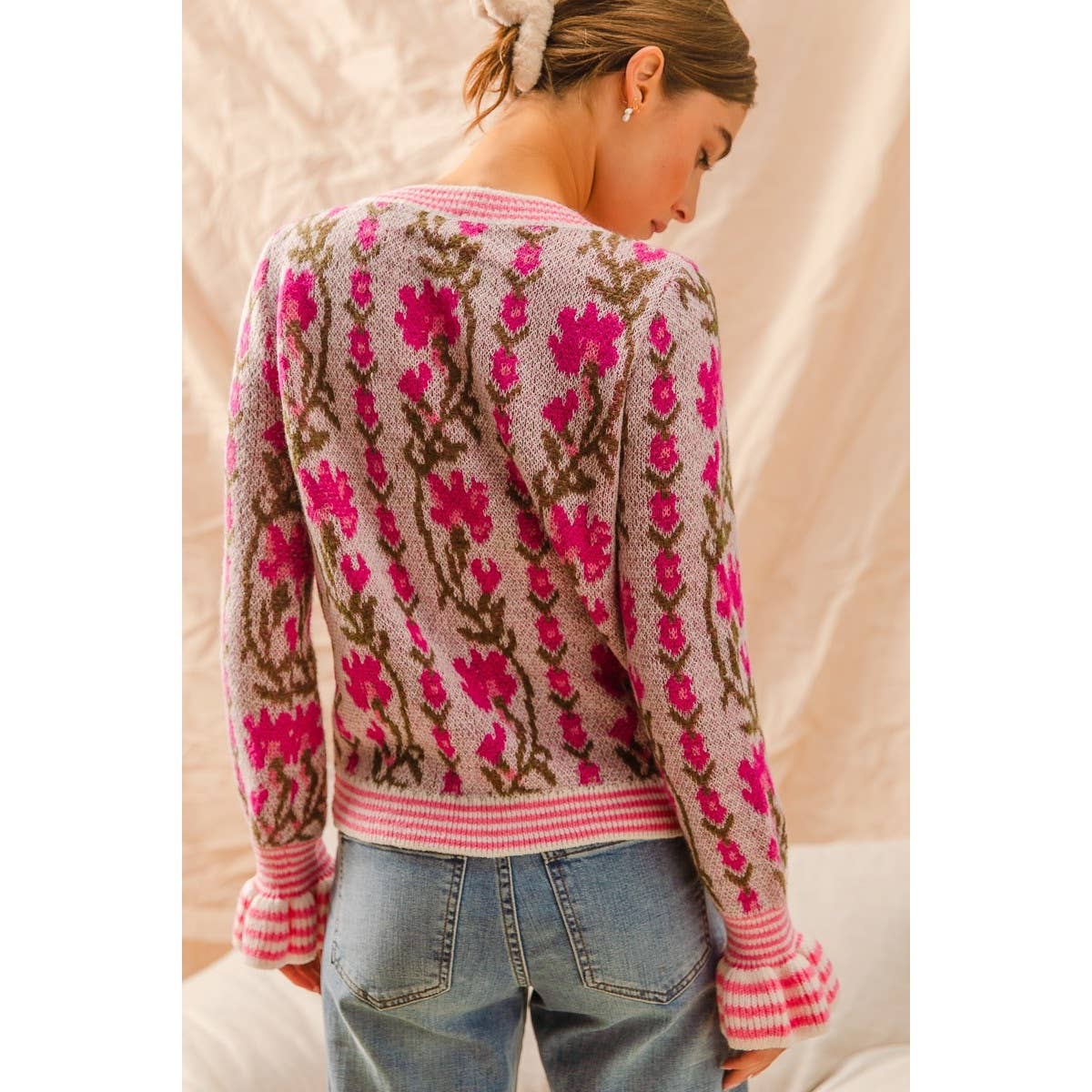 FLORAL INTARSIA BUTTON UP SWEATER CARDIGAN: LT BLUE / M