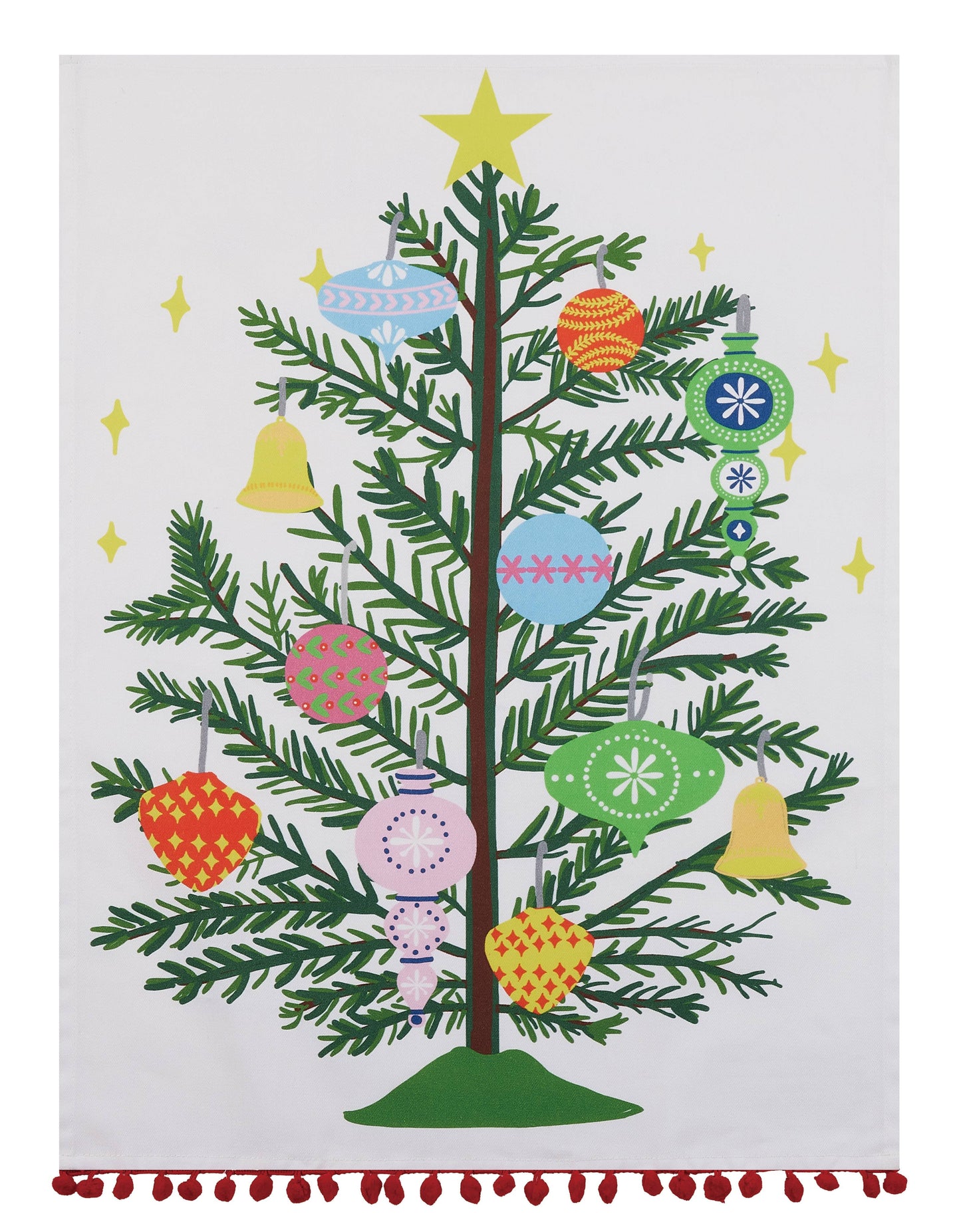 Vintage Christmas Tree W/Pom Pom Printed Towel