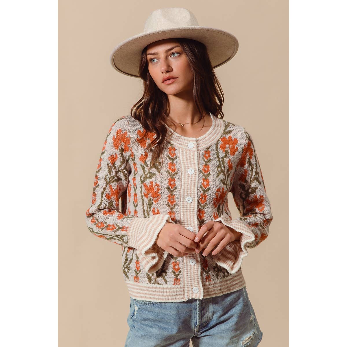FLORAL INTARSIA BUTTON UP SWEATER CARDIGAN: OATMEAL / S
