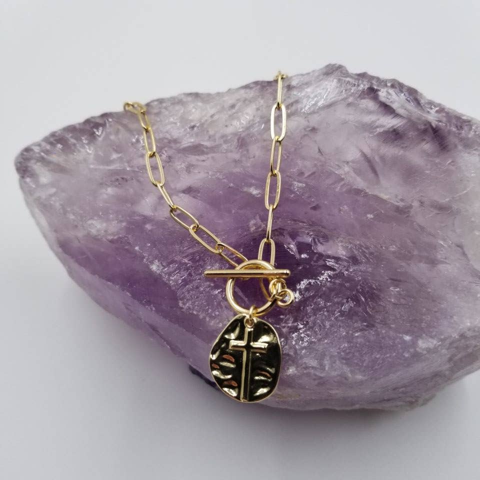 Gold Hammered Cross Paperclip Necklace