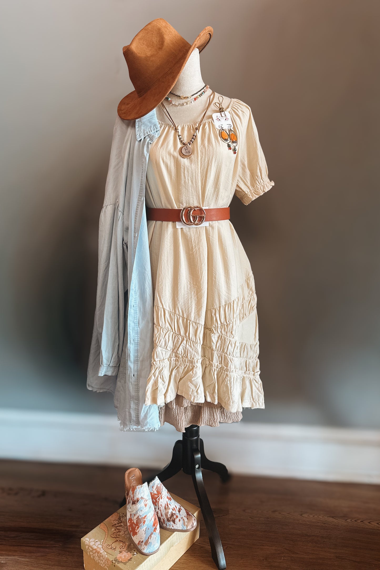 Cream Scoop Neck Ruffle Dress