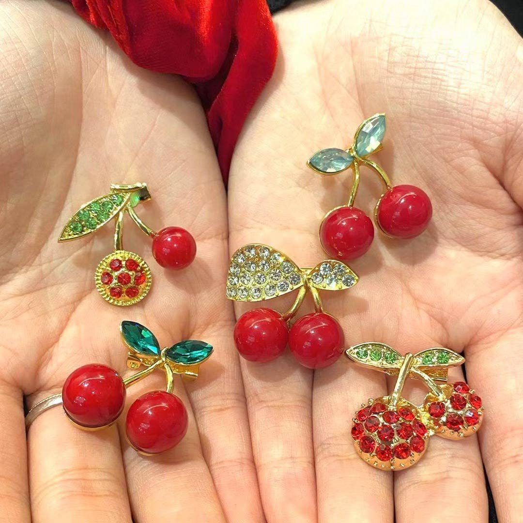 Rhinestone Cherry Brooch