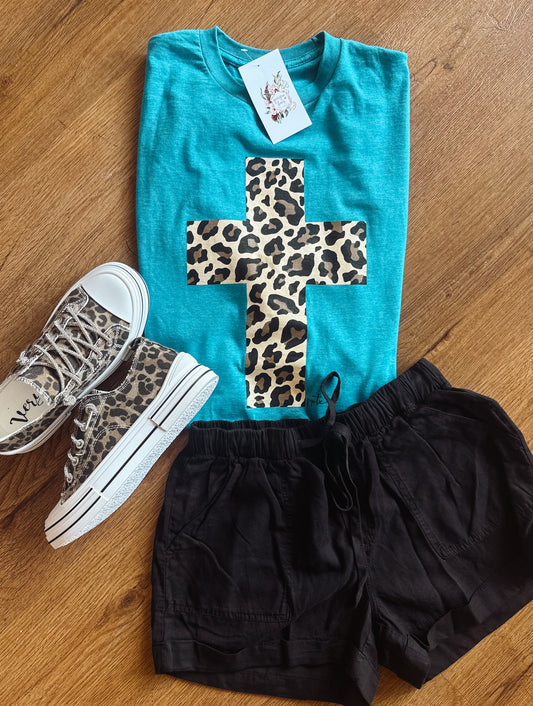 Teal Cheetah Cross Tee