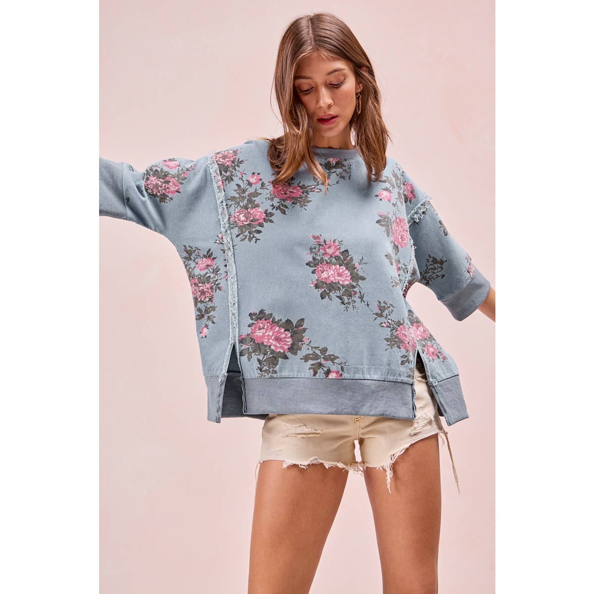 Floral Denim Open Seam Top