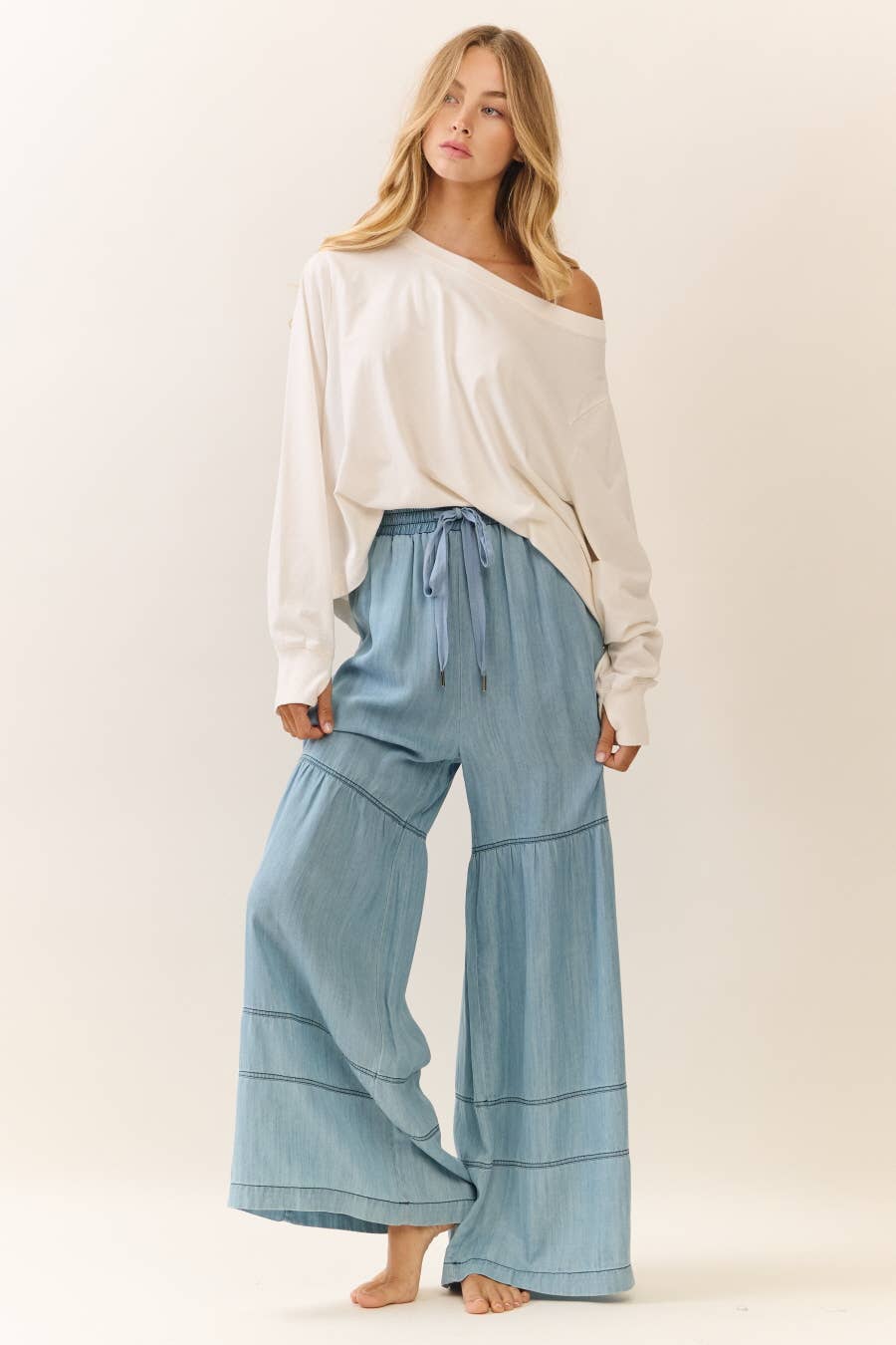 Washed Chambray Wide Leg Pants