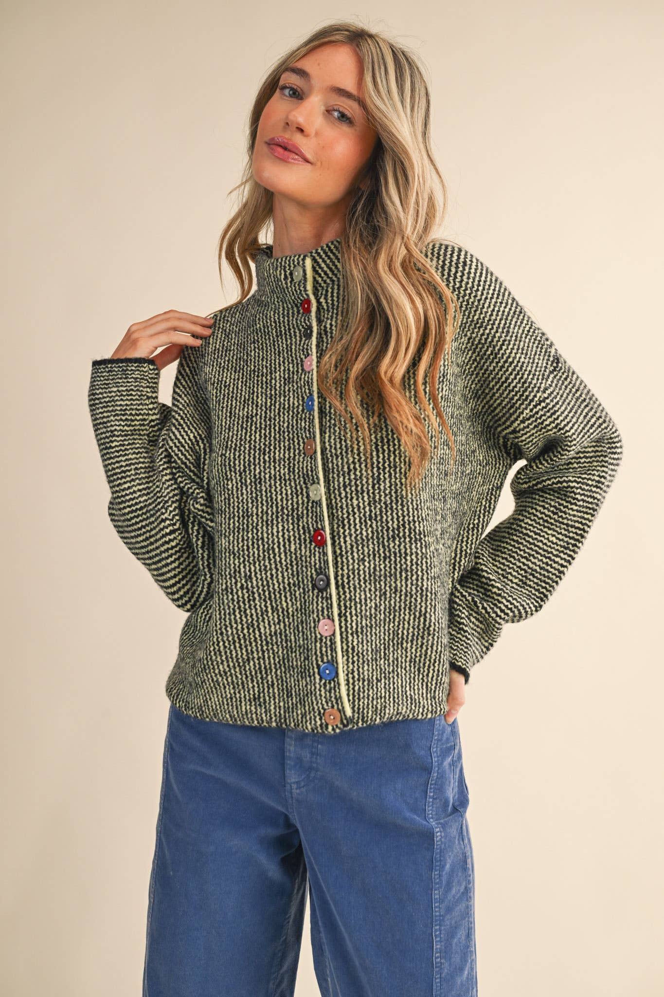 Green Striped Knit Cardigan