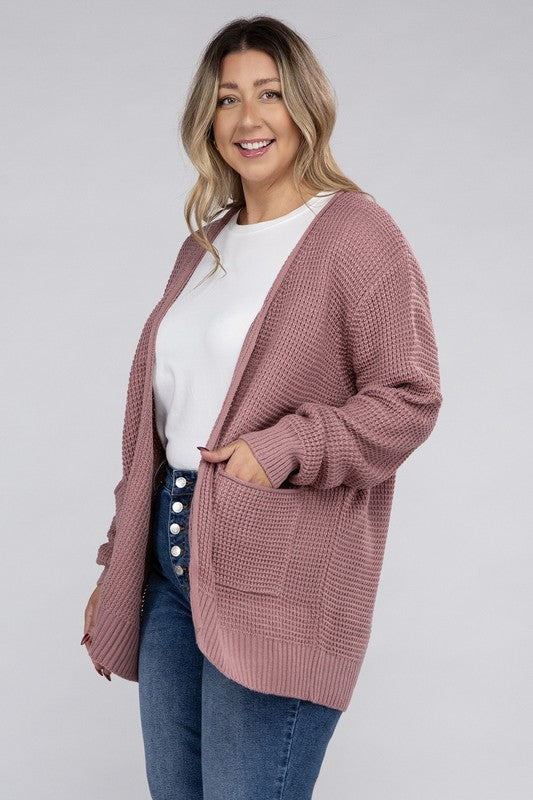 Curvy Low Gauge Waffle Open Cardigan Sweater
