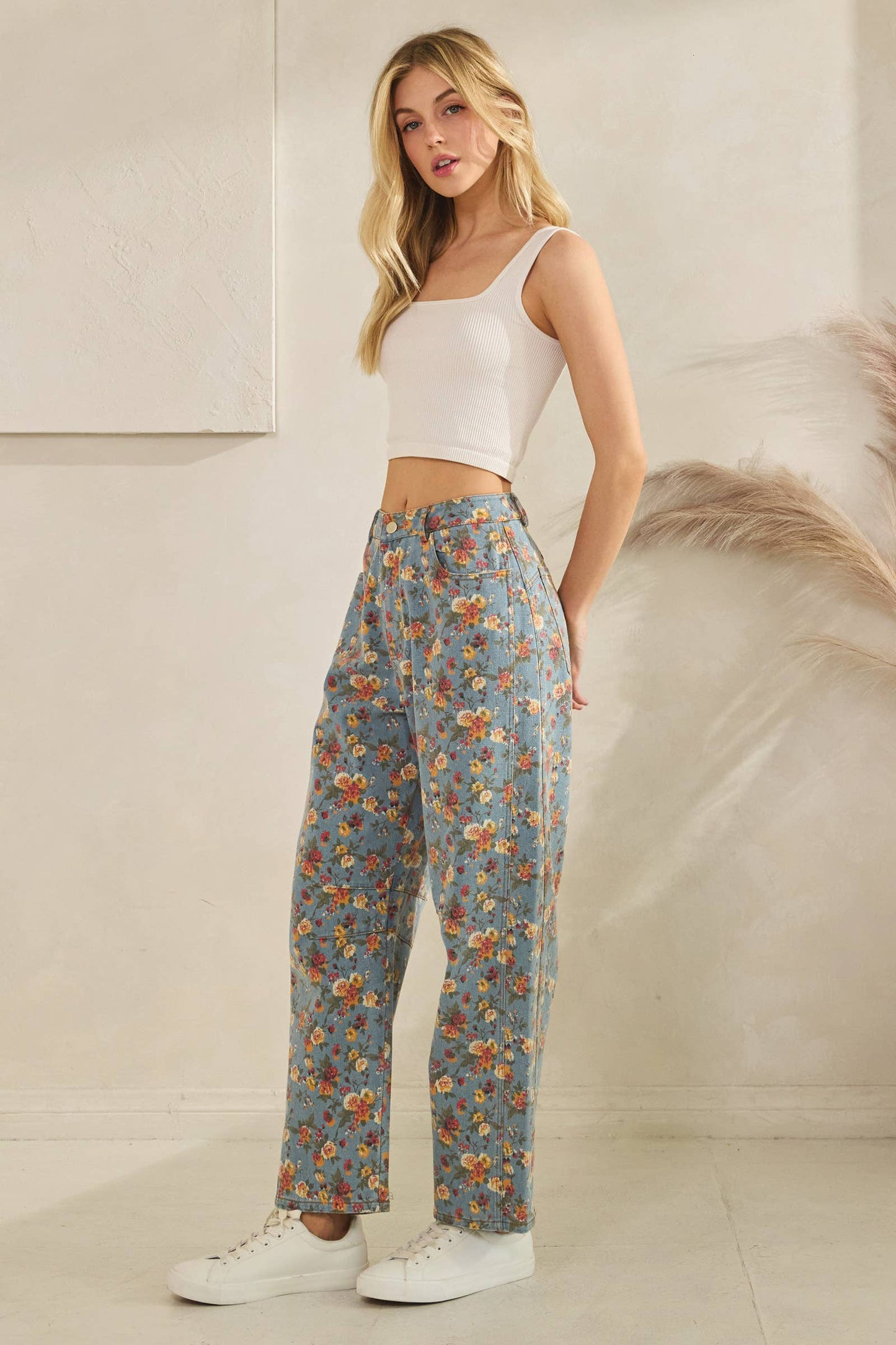Mineral Washed Floral Denim Barrel Pants