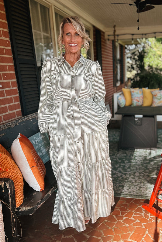 Striped Multi-Tiered Button Down Dress - Olive