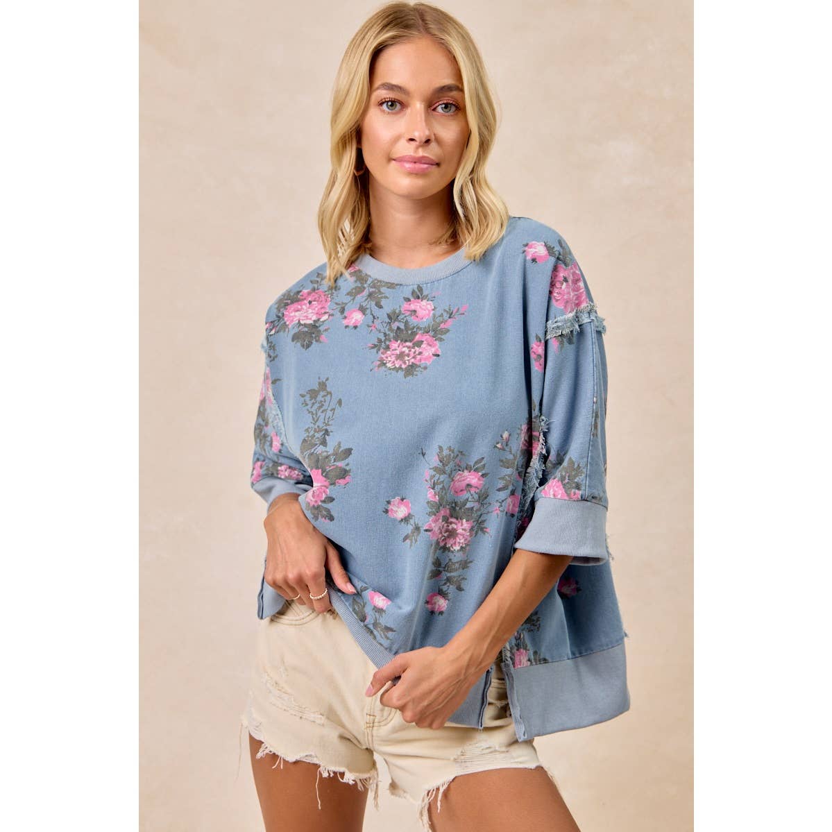 Floral Denim Open Seam Top