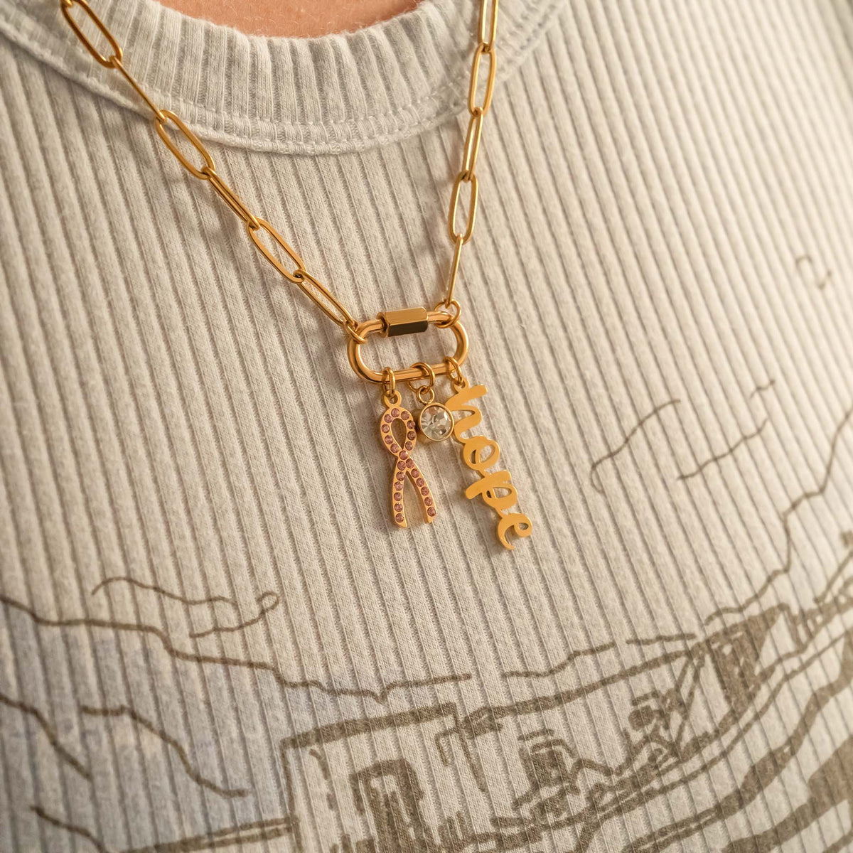 Breast Cancer Awareness Carabiner Hope Charm Necklace: Gold