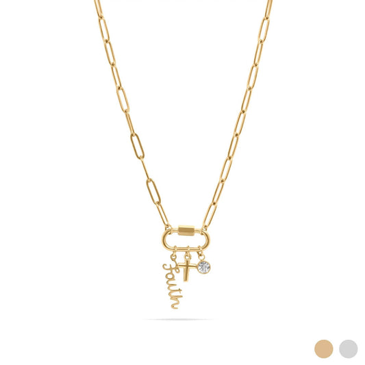 Gold Stainless Steel Cross Carabiner Charm Necklace