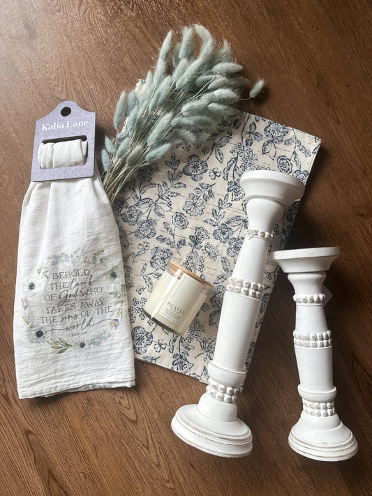 Coastal White Beaded Candle Riser Small